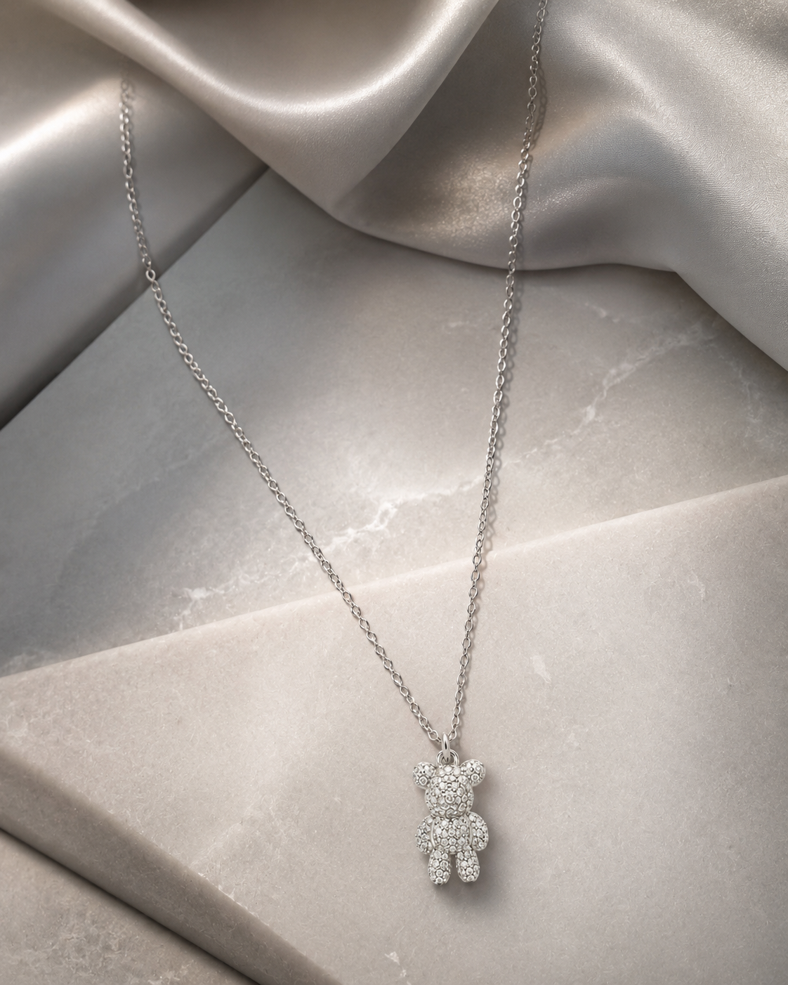 Sterling Silver Pavé Crystal Teddy Bear Pendant Necklace