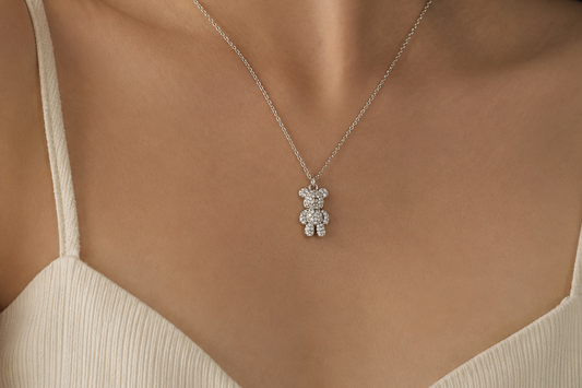 Sterling Silver Pavé Crystal Teddy Bear Pendant Necklace